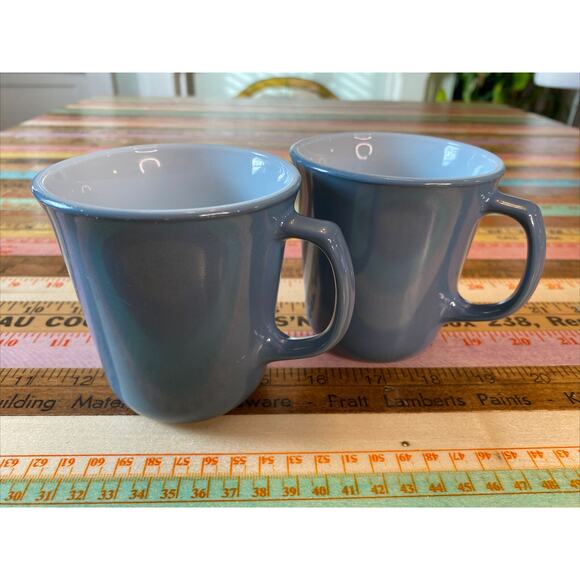 VINTAGE Lot Of 2 PYREX Coffee Cup MUGS Slate Blue D Handle Milk Glass Pair 2 - Picture 1 of 16